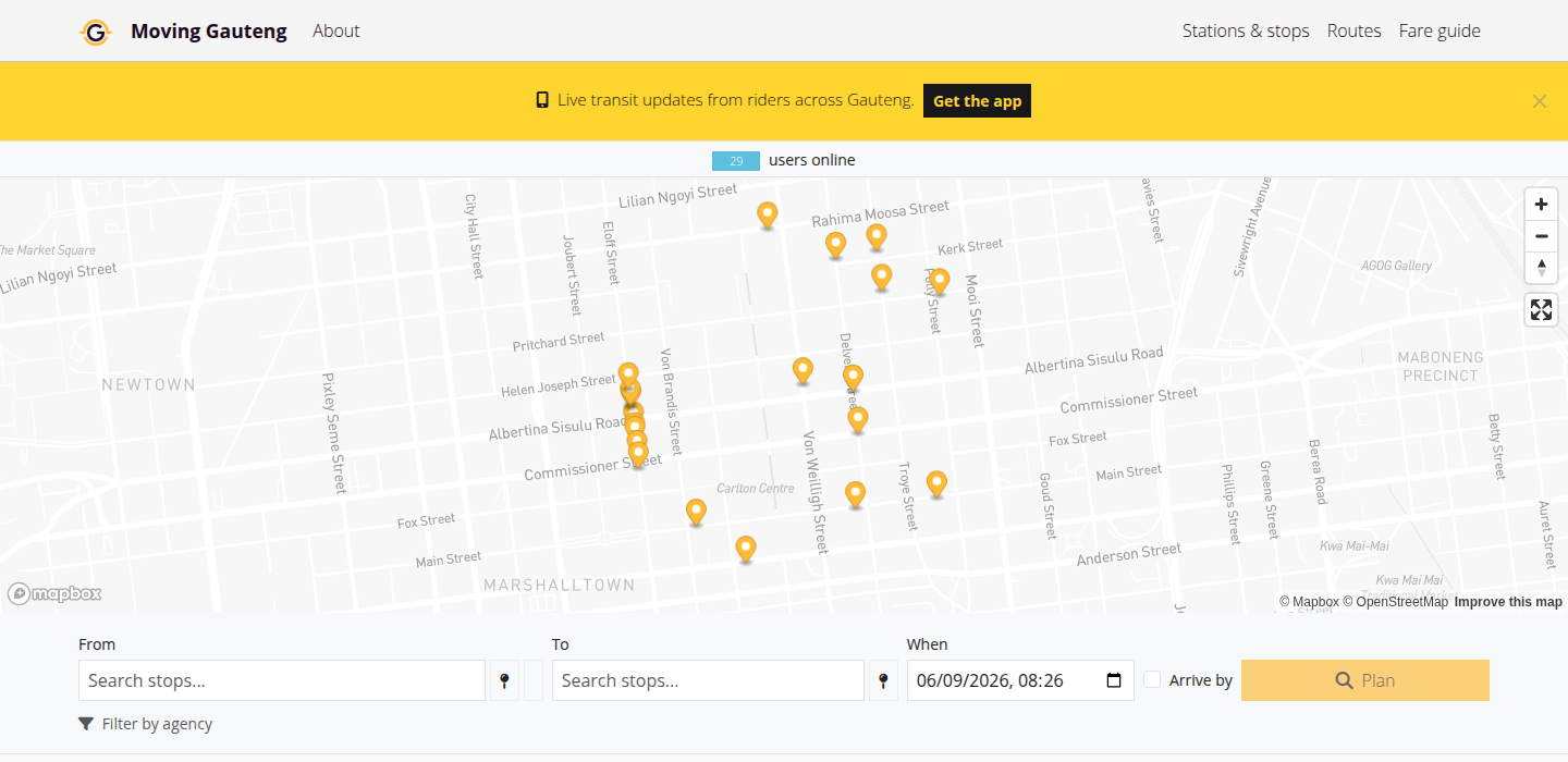 The Moving Gauteng home page: a map of stops in the Johannesburg CBD above a trip planner and the list of transit networks