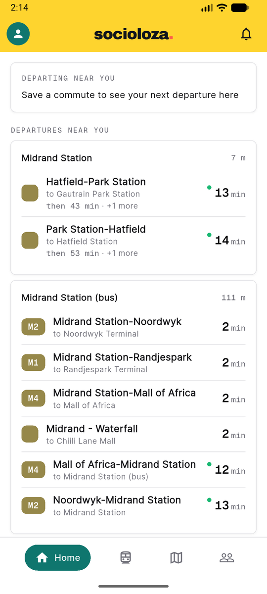 Socioloza home screen listing departures near Midrand Station